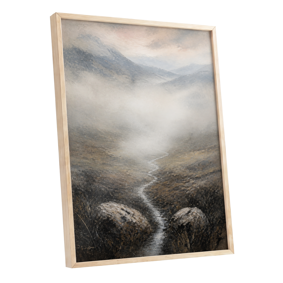 Where the Mist Wanders, gray, beige, brown nature wall art shown as a oak framed poster wall art print