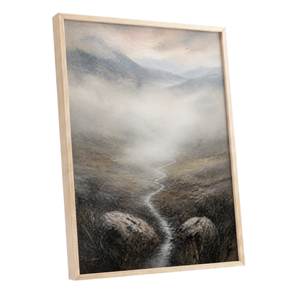Where the Mist Wanders, gray, beige, brown nature wall art shown as a oak framed poster wall art print