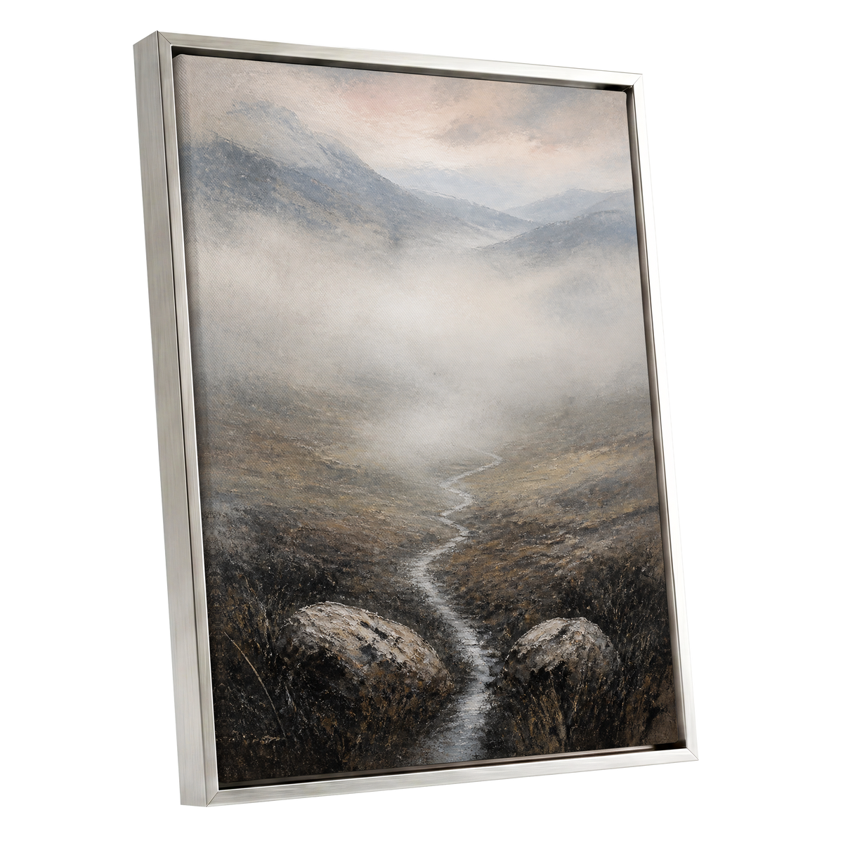 Where the Mist Wanders, gray, beige, brown nature wall art shown as a silver framed canvas wall art
