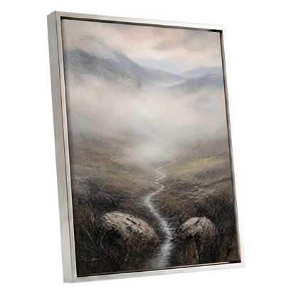 Where the Mist Wanders, gray, beige, brown nature wall art shown as a silver framed canvas wall art