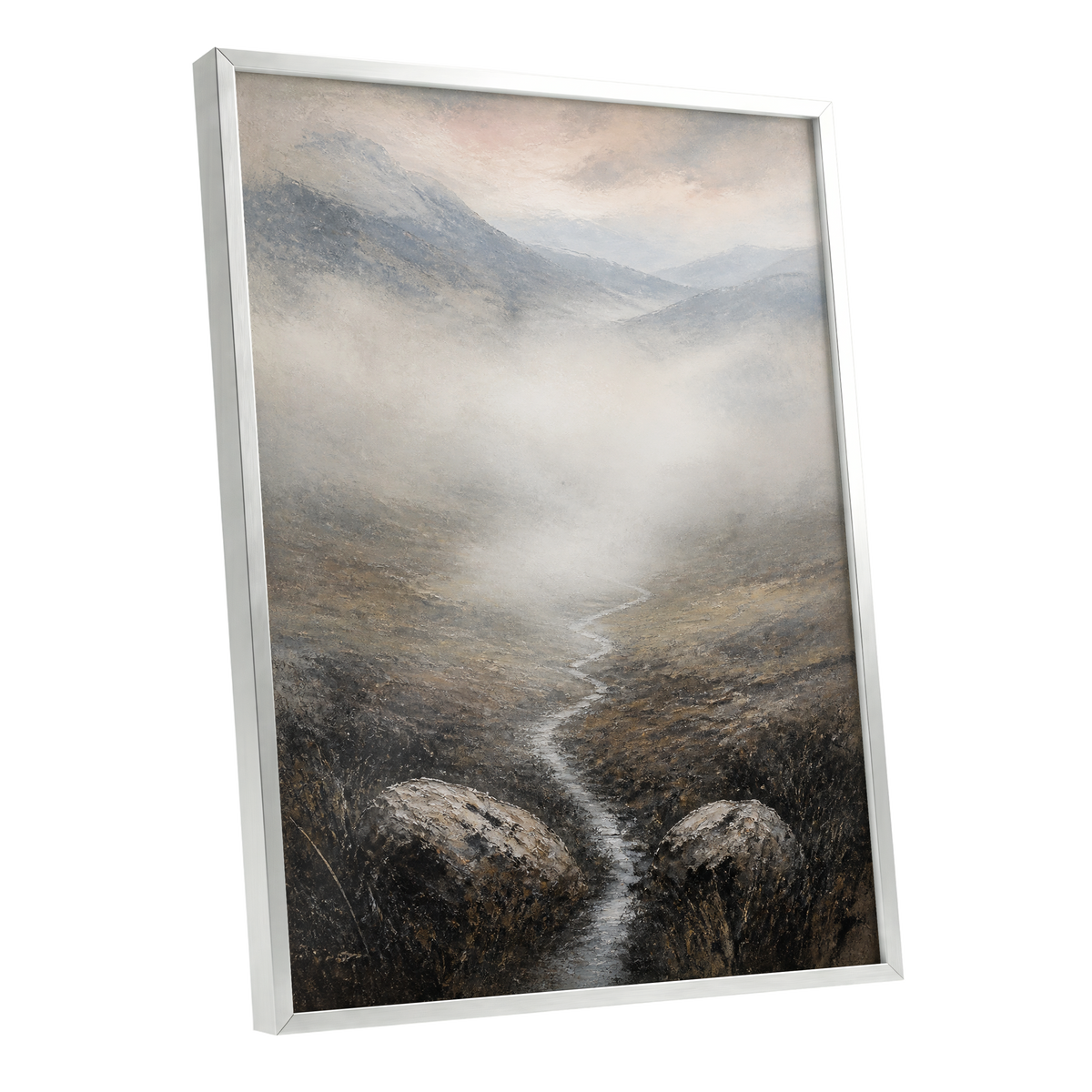 Where the Mist Wanders, gray, beige, brown nature wall art shown as a silver framed poster wall art print