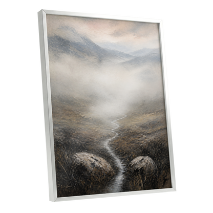 Where the Mist Wanders, gray, beige, brown nature wall art shown as a silver framed poster wall art print