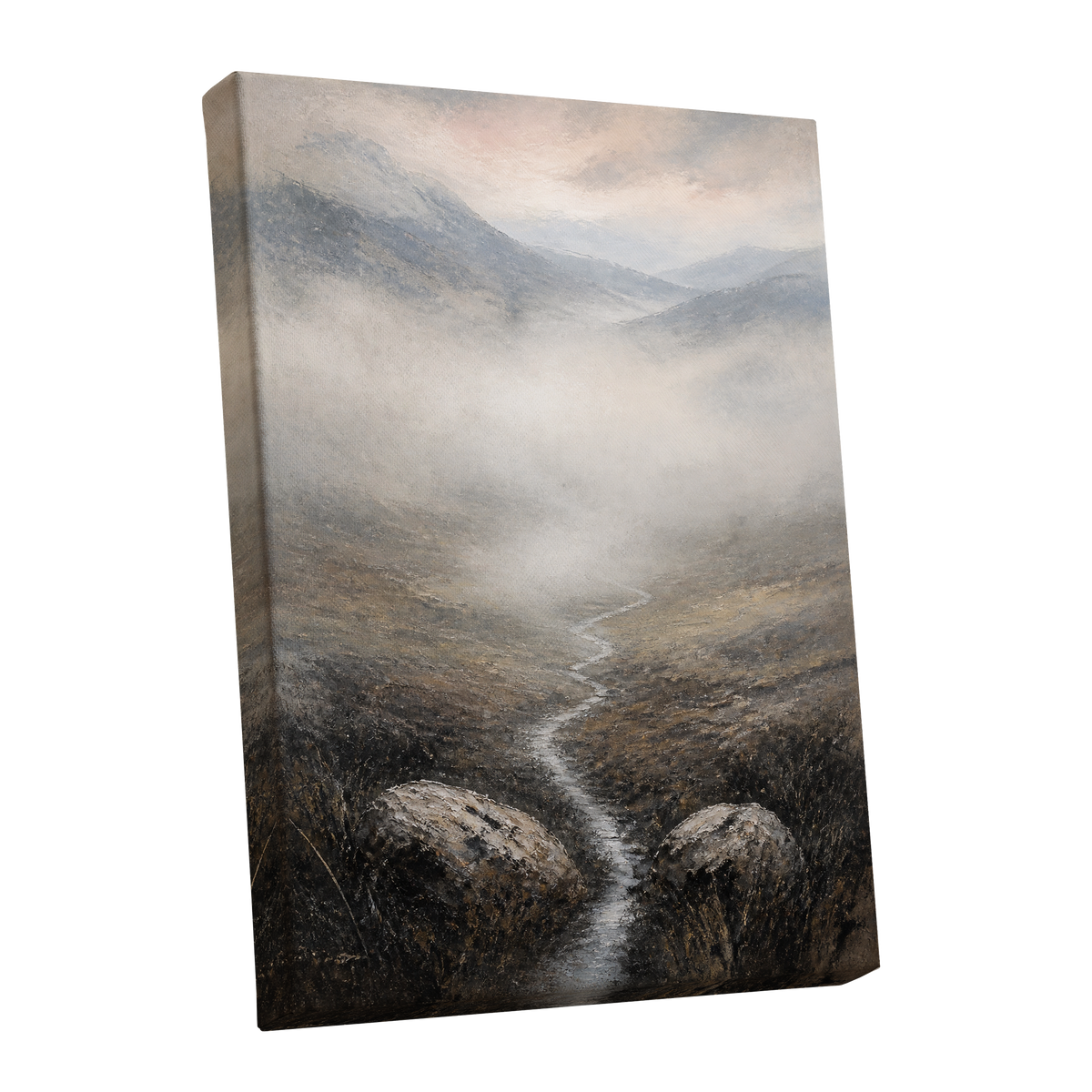 Where the Mist Wanders, gray, beige, brown nature wall art shown as a stretched canvas wall art