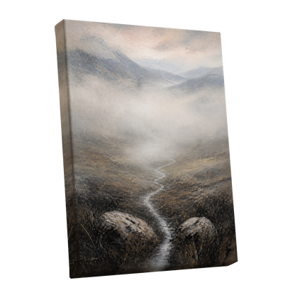 Where the Mist Wanders, gray, beige, brown nature wall art shown as a stretched canvas wall art