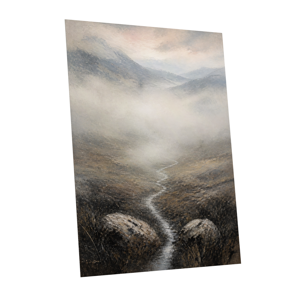 Where the Mist Wanders, gray, beige, brown nature wall art shown as a unframed poster wall art print