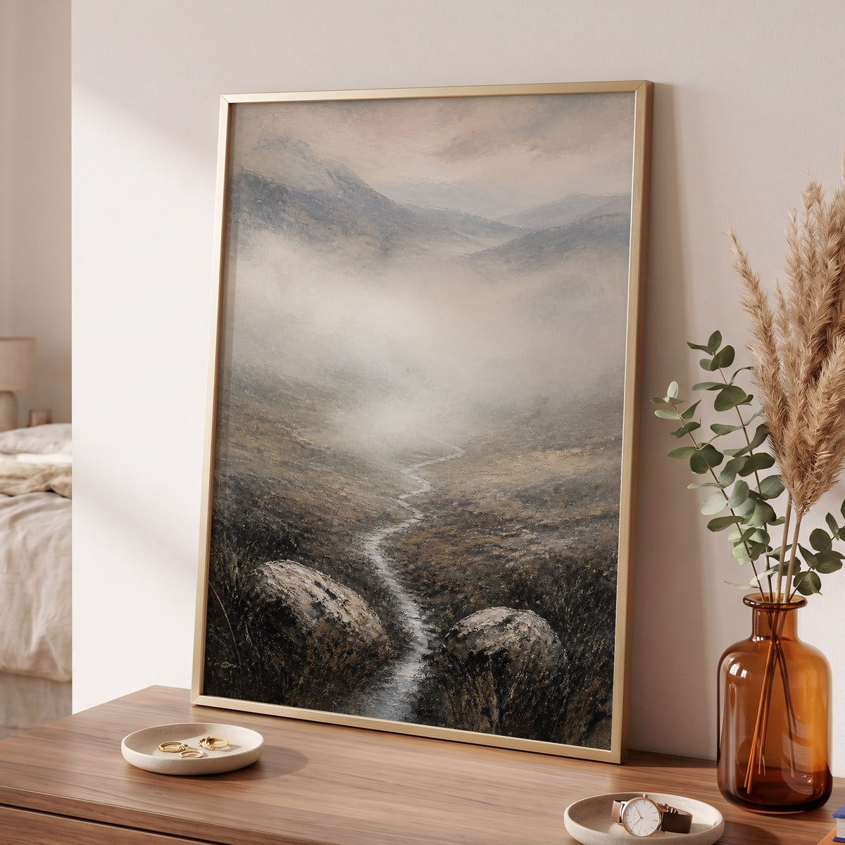Where the Mist Wanders, gray, beige, brown nature wall art displayed in a styled interior, gallery view 2