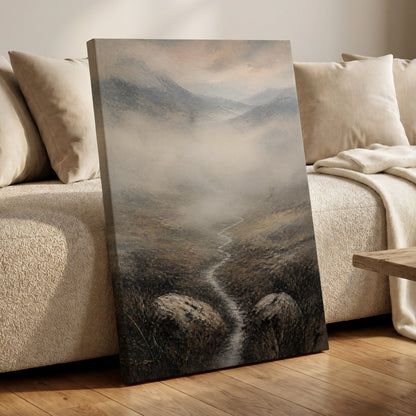 Where the Mist Wanders, gray, beige, brown nature wall art displayed in a styled interior, gallery view 3