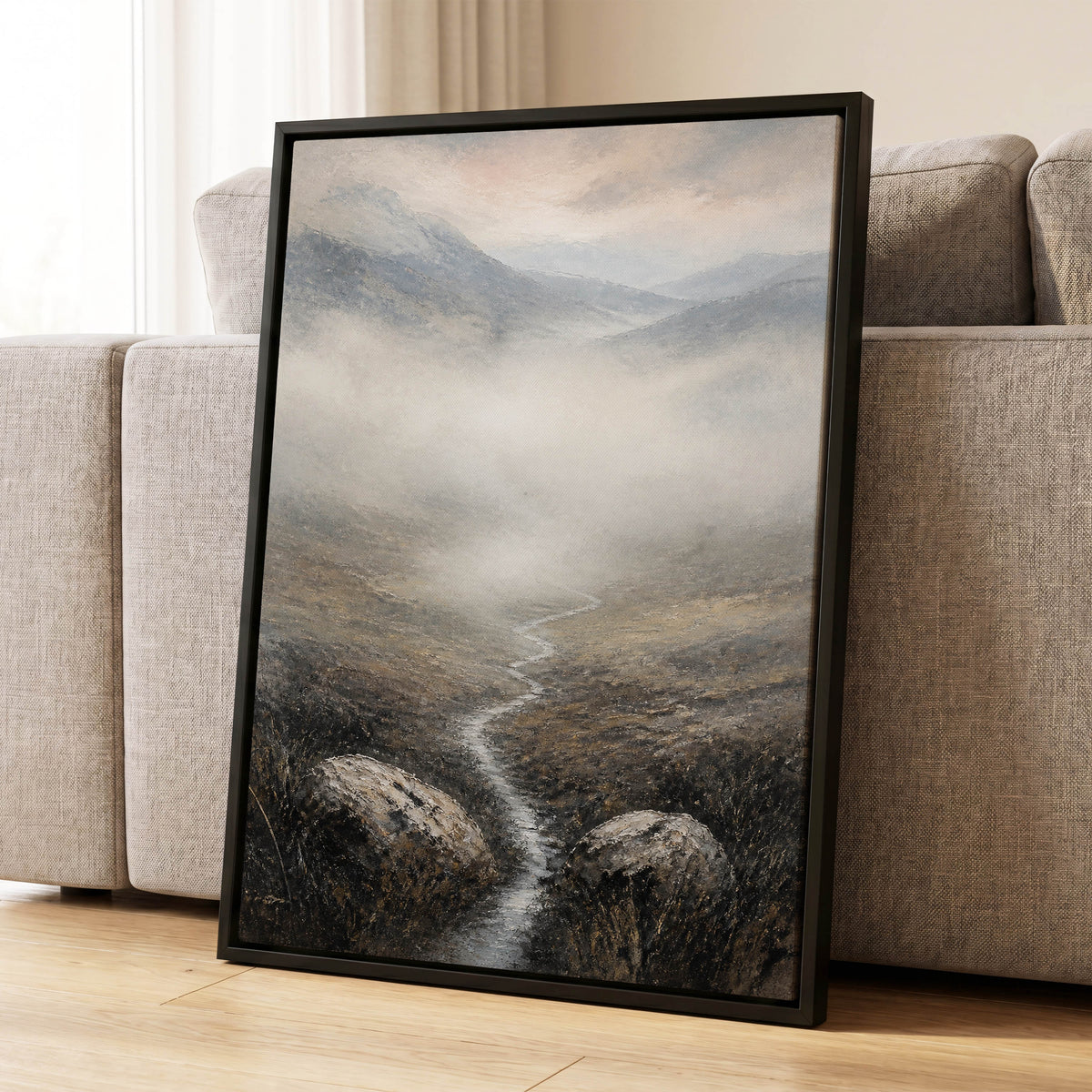 Where the Mist Wanders, gray, beige, brown nature wall art displayed in a styled interior, gallery view 4