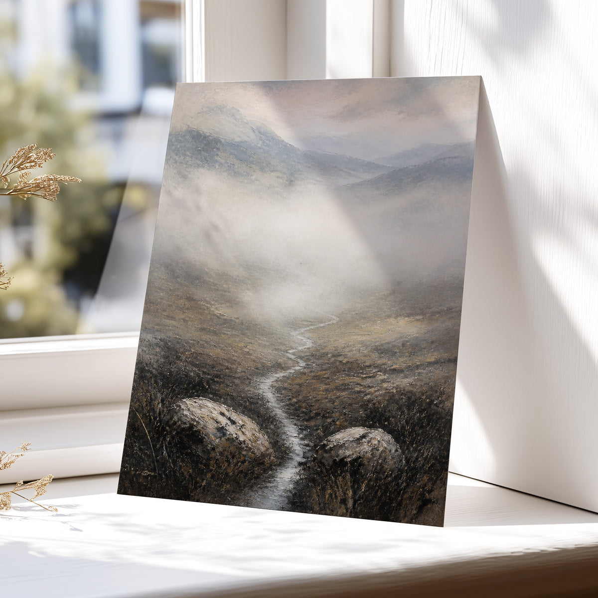 Where the Mist Wanders, gray, beige, brown nature wall art displayed in a styled interior, gallery view 5