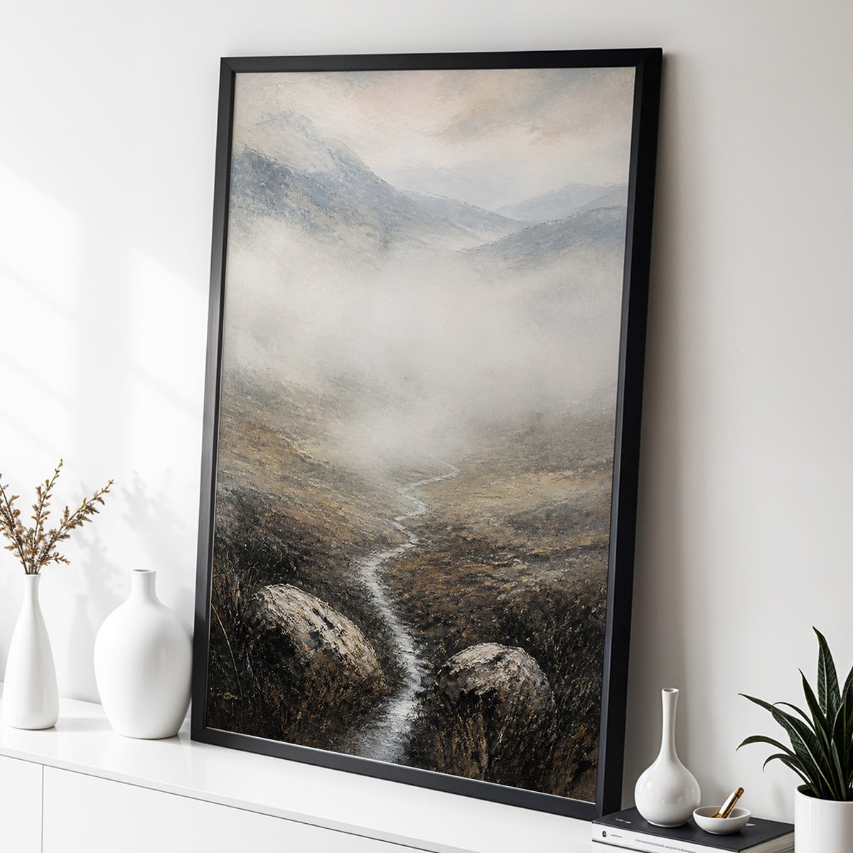 Where the Mist Wanders, gray, beige, brown nature wall art displayed in a styled interior, gallery view 6