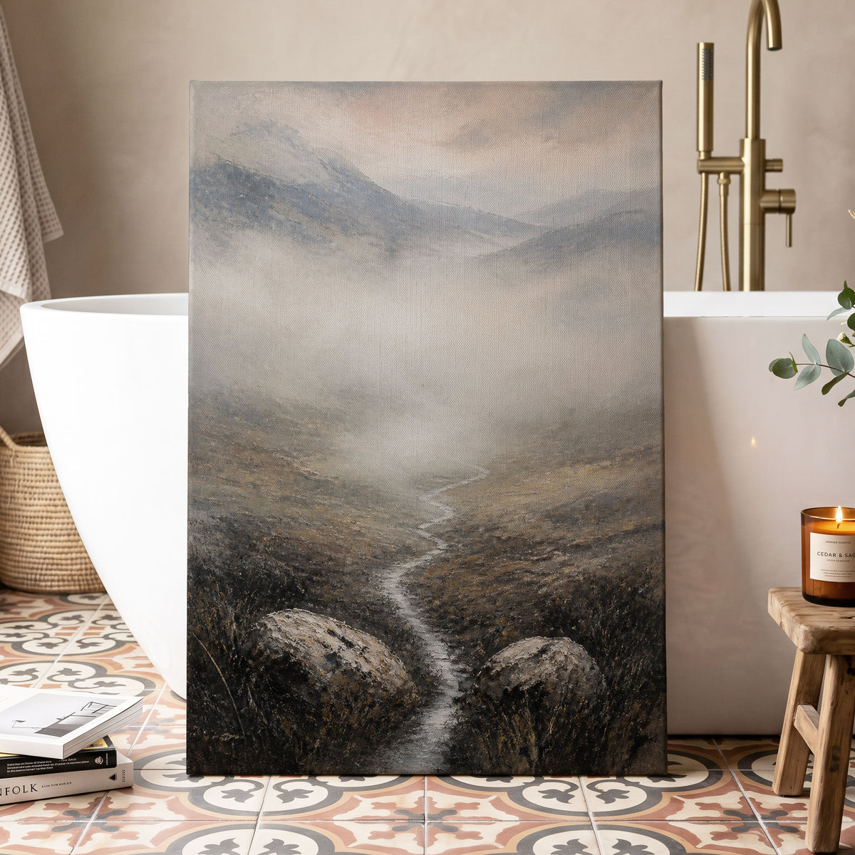 Where the Mist Wanders, gray, beige, brown nature wall art displayed in a styled interior, gallery view 7