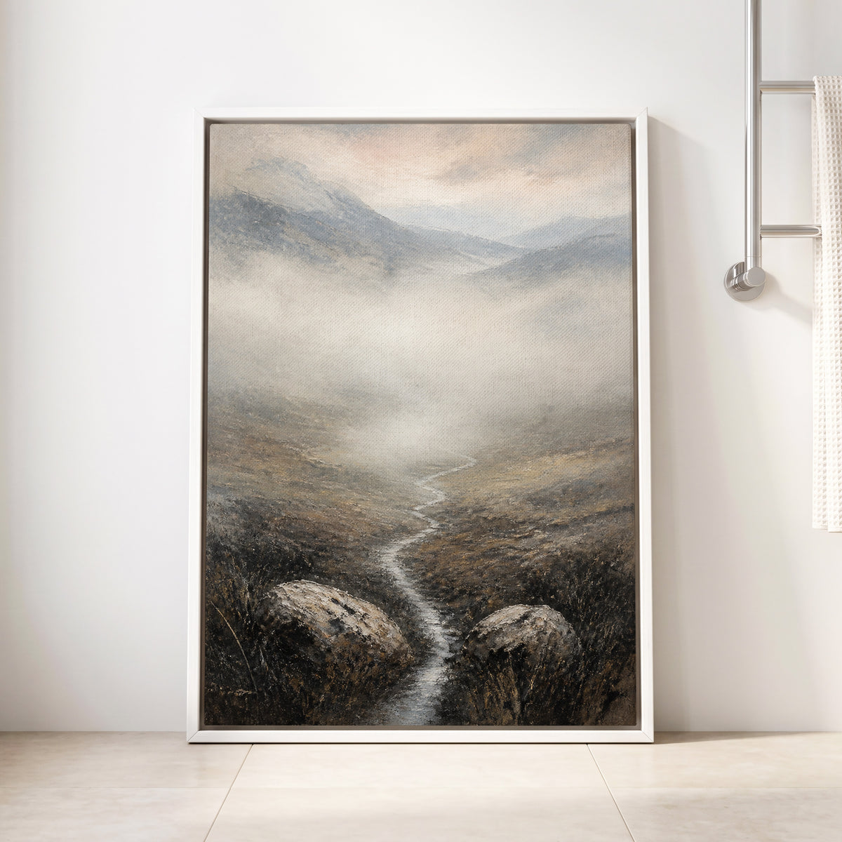 Where the Mist Wanders, gray, beige, brown nature wall art displayed in a styled interior, gallery view 8