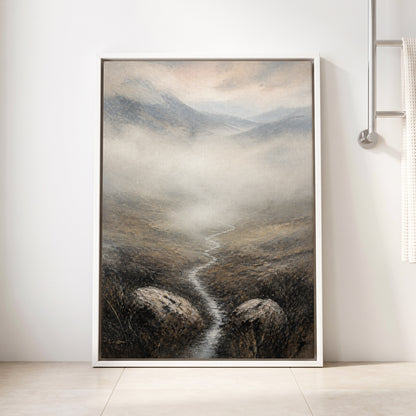 Where the Mist Wanders, gray, beige, brown nature wall art displayed in a styled interior, gallery view 8