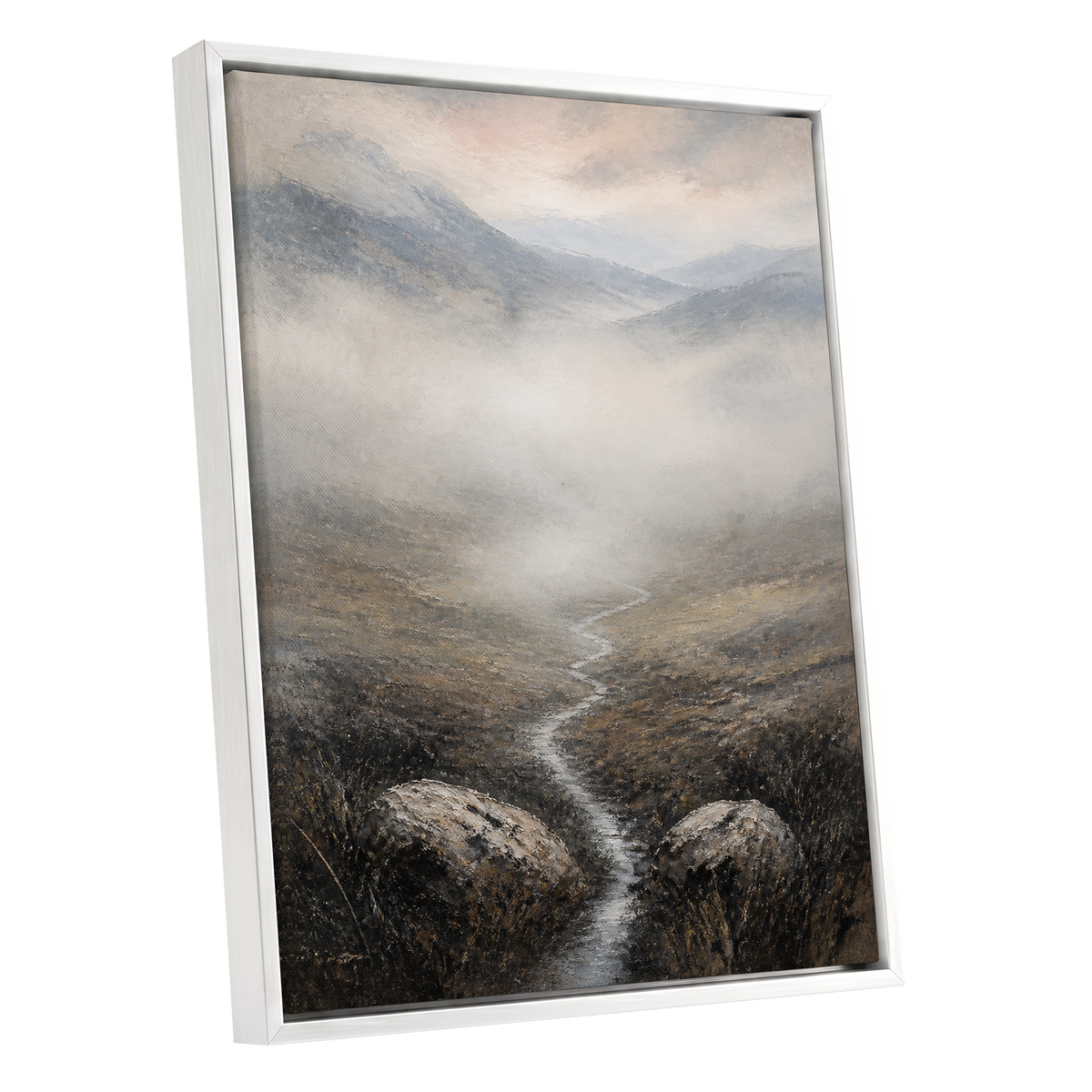 Where the Mist Wanders, gray, beige, brown nature wall art shown as a white framed canvas wall art