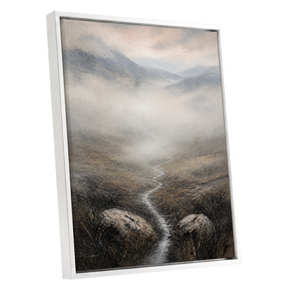 Where the Mist Wanders, gray, beige, brown nature wall art shown as a white framed canvas wall art