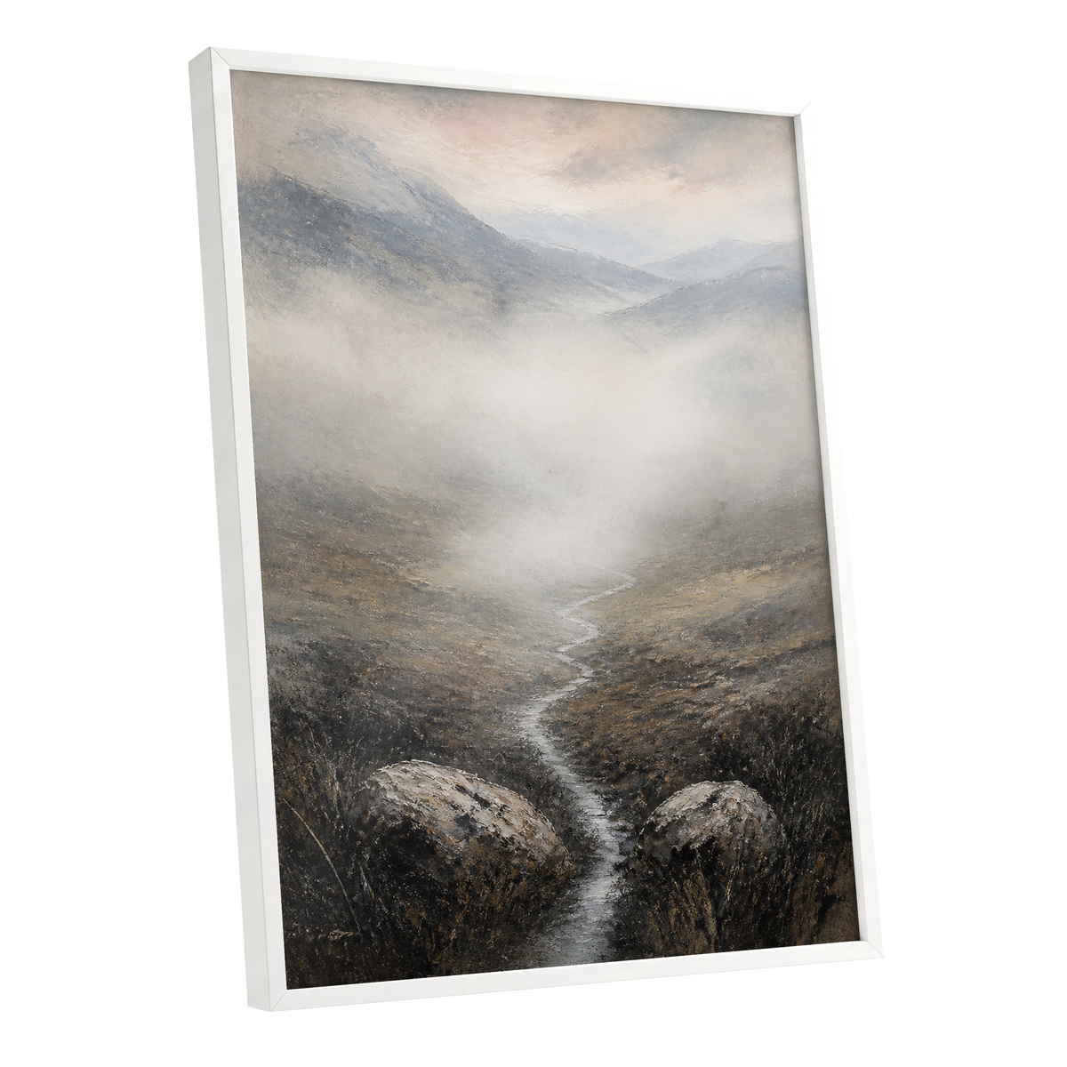 Where the Mist Wanders, gray, beige, brown nature wall art shown as a white framed poster wall art print