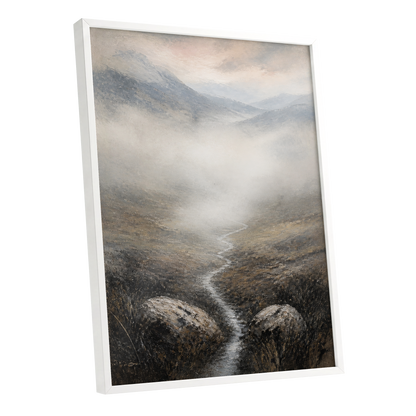 Where the Mist Wanders, gray, beige, brown nature wall art shown as a white framed poster wall art print