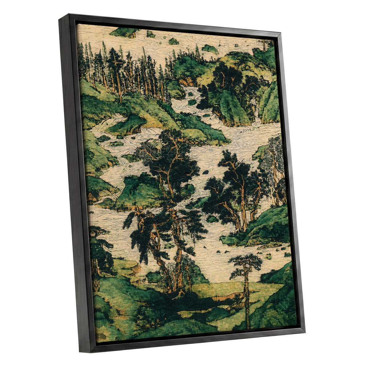 Where the River Wanders, green, beige, black nature wall art shown as a black framed canvas wall art