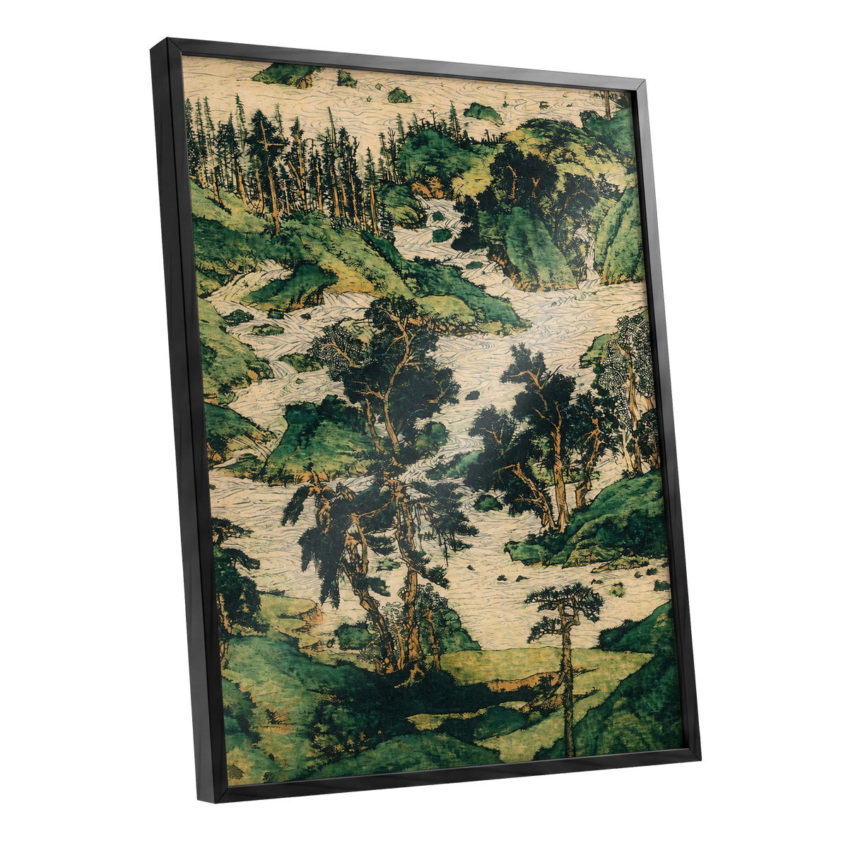 Where the River Wanders, green, beige, black nature wall art shown as a black framed poster wall art print