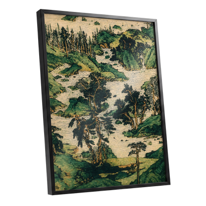 Where the River Wanders, green, beige, black nature wall art shown as a black framed poster wall art print