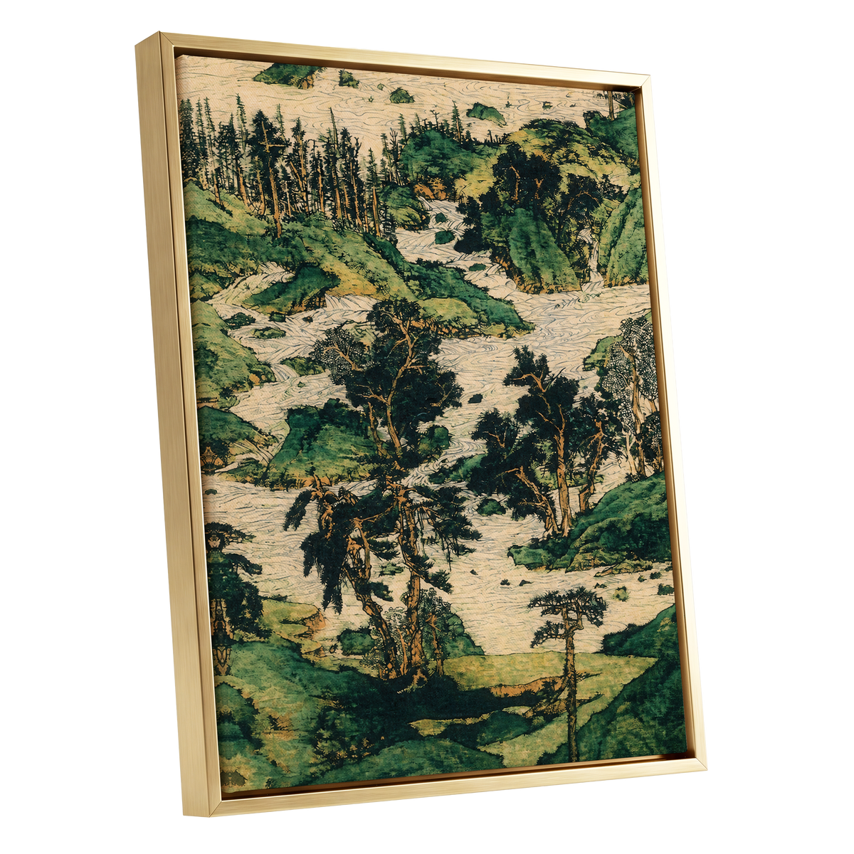 Where the River Wanders, green, beige, black nature wall art shown as a gold framed canvas wall art