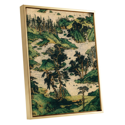 Where the River Wanders, green, beige, black nature wall art shown as a gold framed canvas wall art