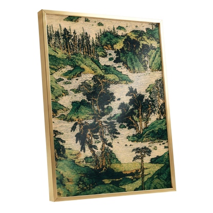 Where the River Wanders, green, beige, black nature wall art shown as a gold framed poster wall art print
