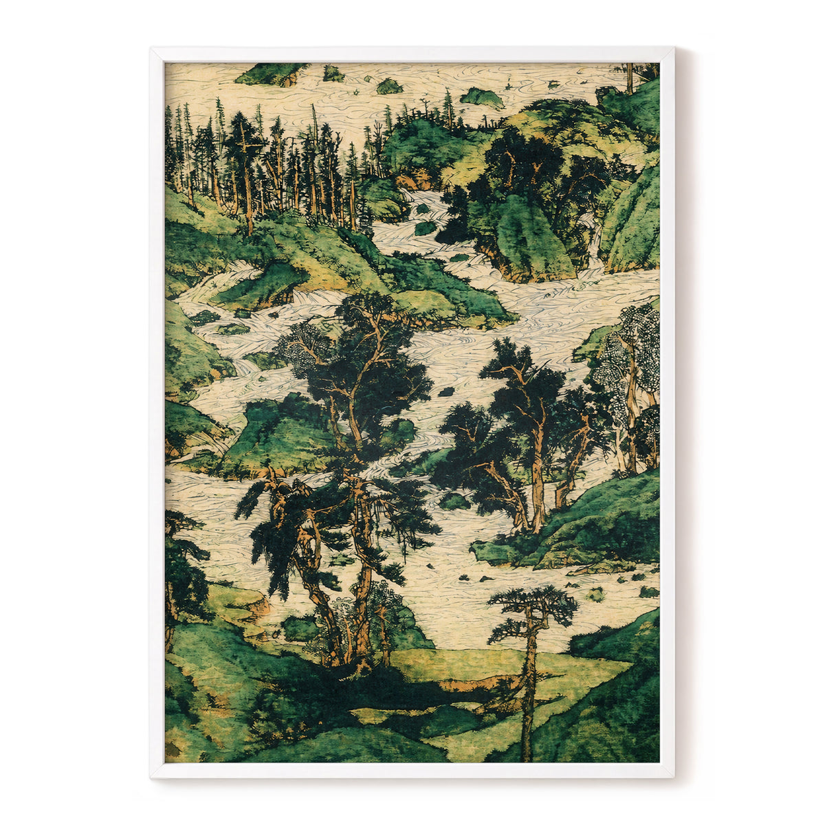 Where the River Wanders, green, beige, black nature wall art, front artwork view