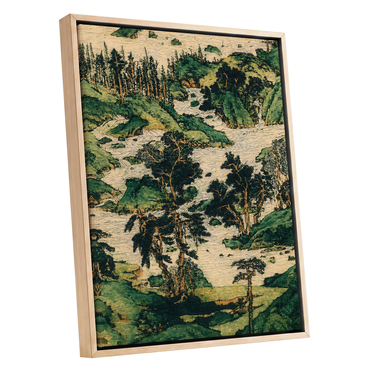 Where the River Wanders, green, beige, black nature wall art shown as a oak framed canvas wall art