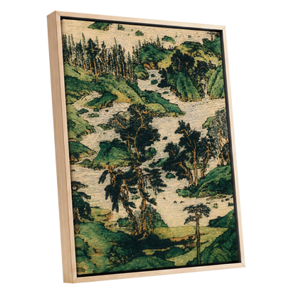 Where the River Wanders, green, beige, black nature wall art shown as a oak framed canvas wall art