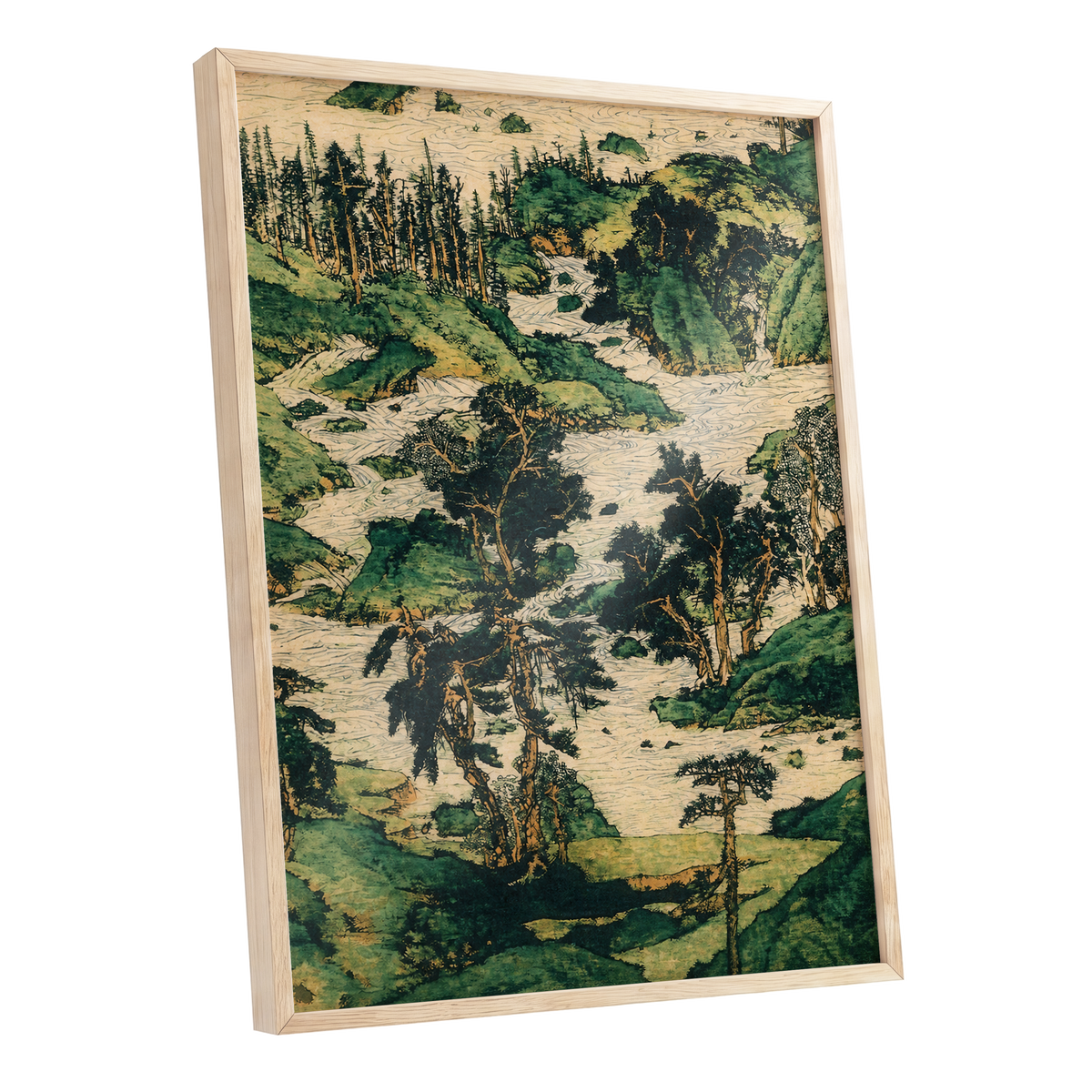 Where the River Wanders, green, beige, black nature wall art shown as a oak framed poster wall art print