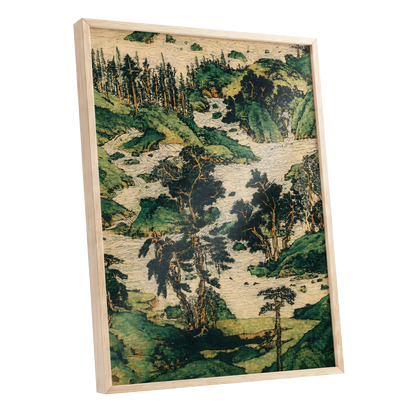 Where the River Wanders, green, beige, black nature wall art shown as a oak framed poster wall art print