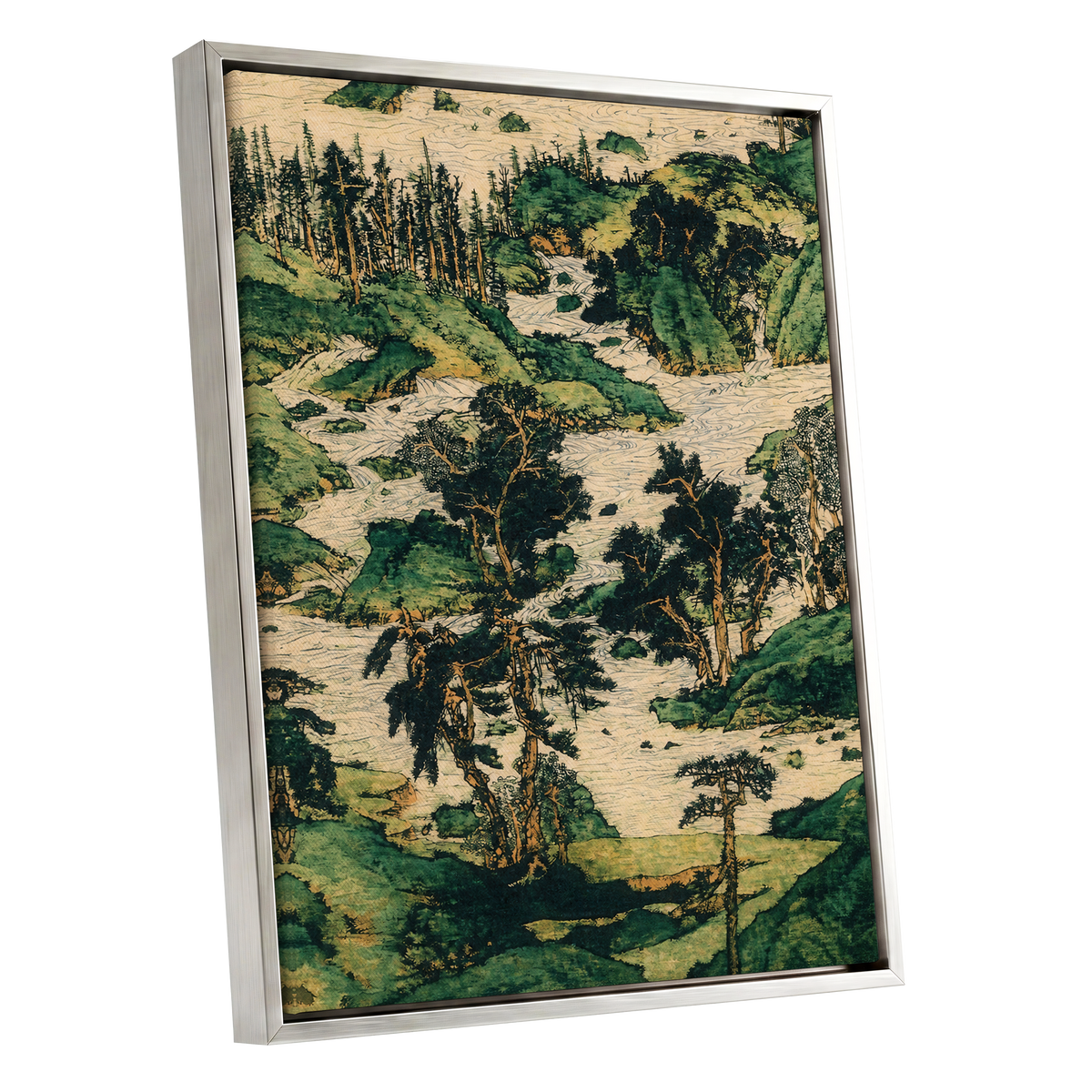 Where the River Wanders, green, beige, black nature wall art shown as a silver framed canvas wall art