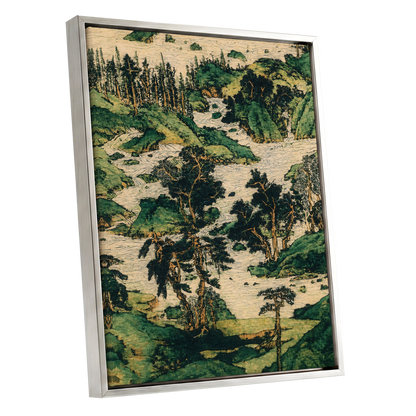 Where the River Wanders, green, beige, black nature wall art shown as a silver framed canvas wall art