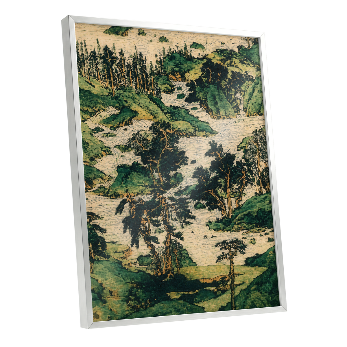 Where the River Wanders, green, beige, black nature wall art shown as a silver framed poster wall art print