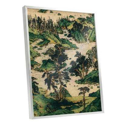 Where the River Wanders, green, beige, black nature wall art shown as a silver framed poster wall art print