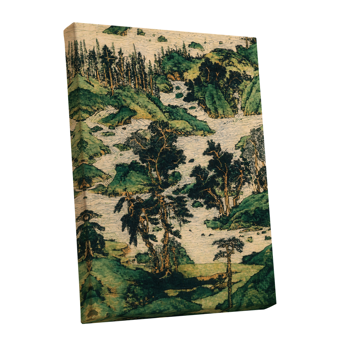 Where the River Wanders, green, beige, black nature wall art shown as a stretched canvas wall art