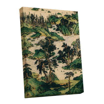 Where the River Wanders, green, beige, black nature wall art shown as a stretched canvas wall art