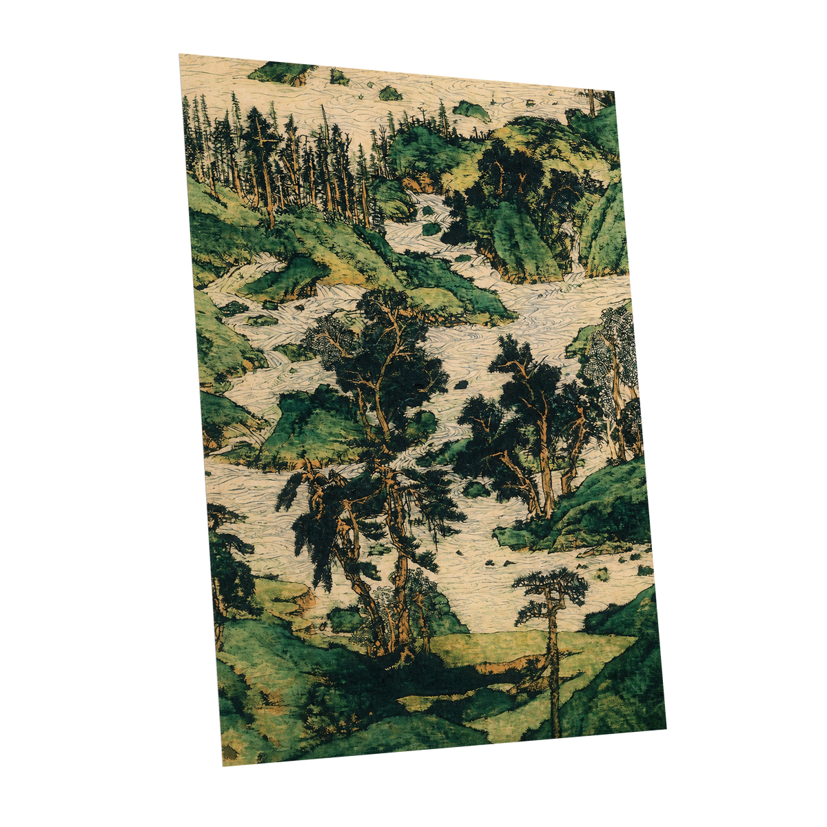 Where the River Wanders, green, beige, black nature wall art shown as a unframed poster wall art print