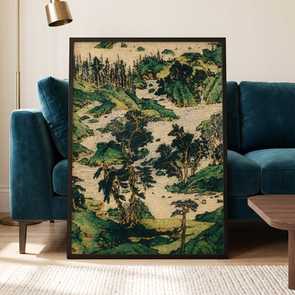 Where the River Wanders, green, beige, black nature wall art displayed in a styled interior, gallery view 2