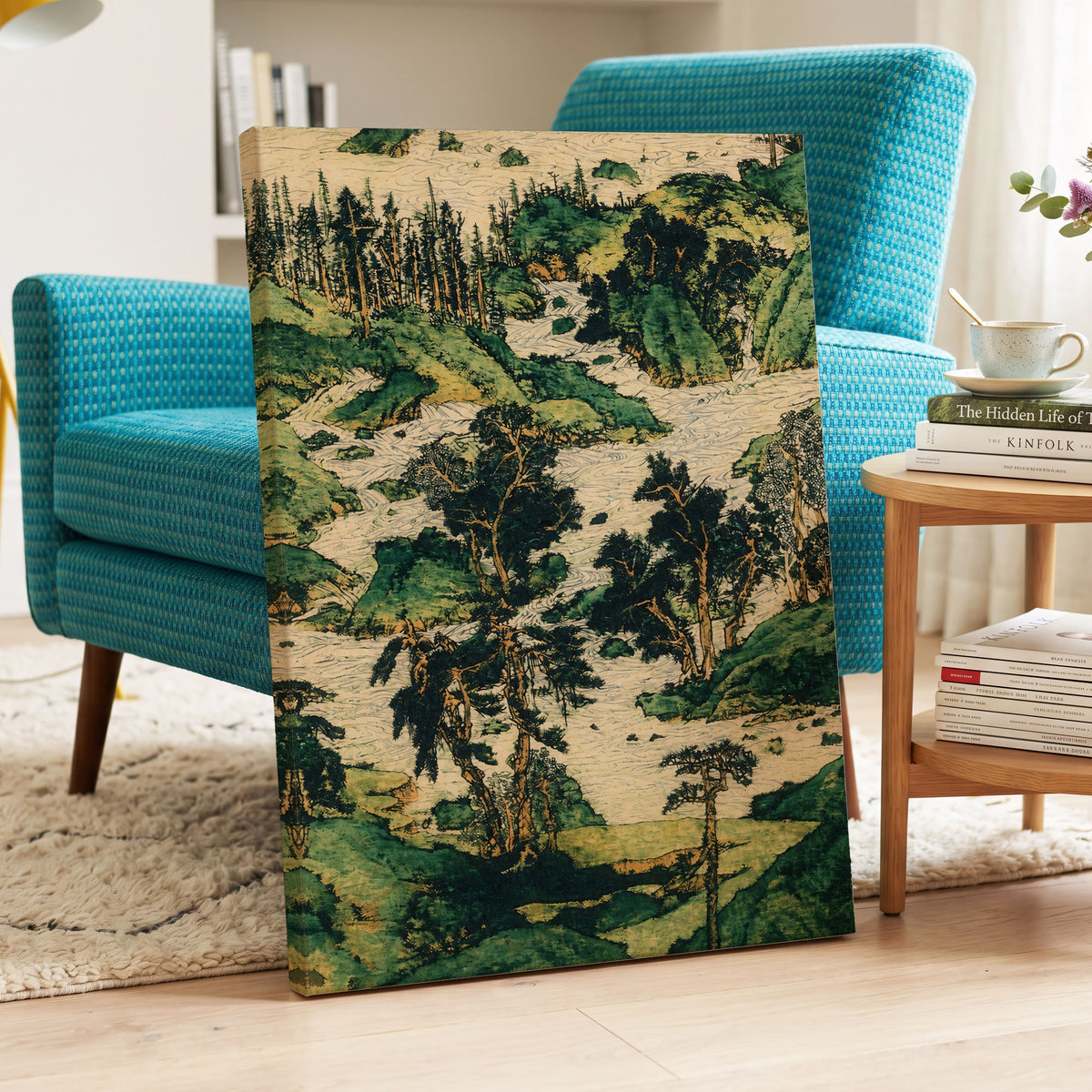 Where the River Wanders, green, beige, black nature wall art displayed in a styled interior, gallery view 3