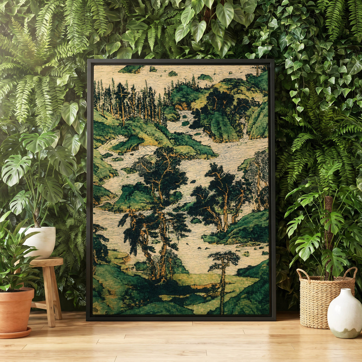 Where the River Wanders, green, beige, black nature wall art displayed in a styled interior, gallery view 4
