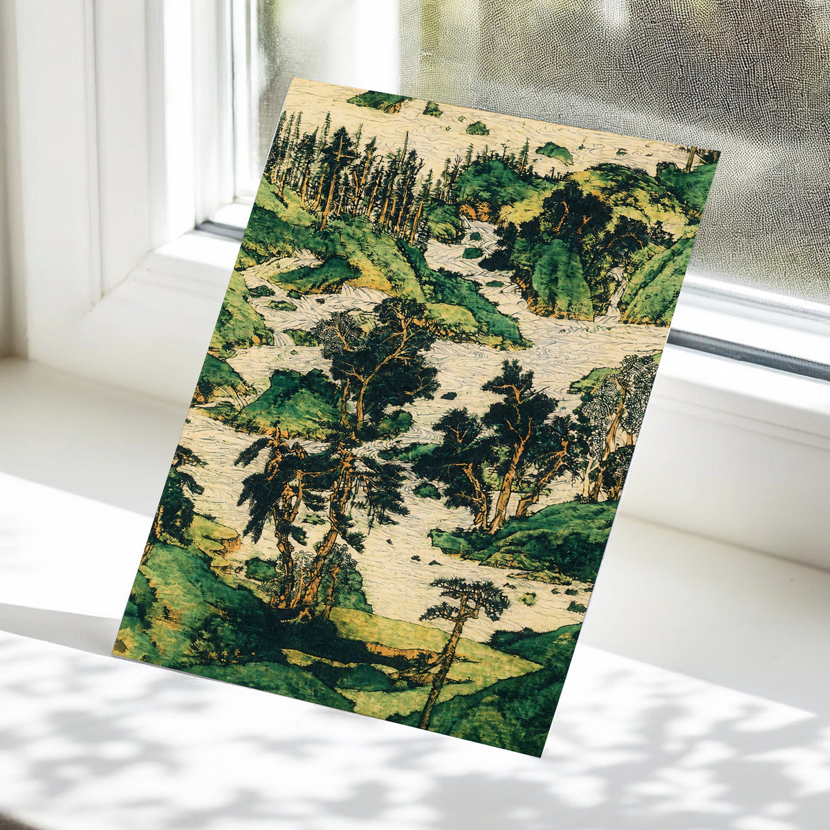Where the River Wanders, green, beige, black nature wall art displayed in a styled interior, gallery view 5