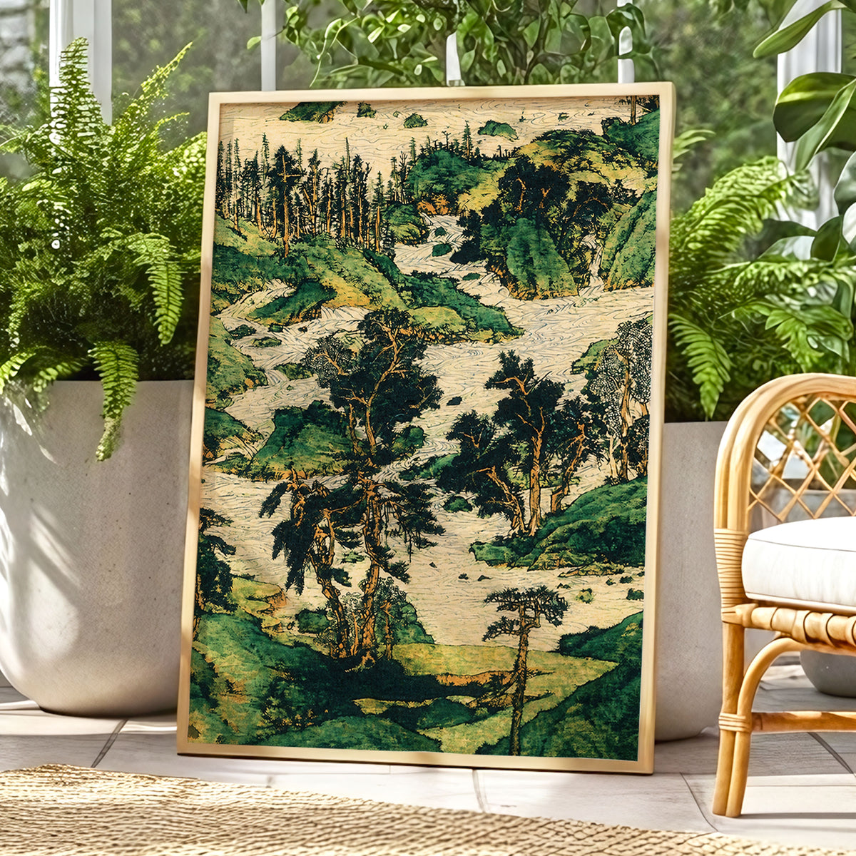 Where the River Wanders, green, beige, black nature wall art displayed in a styled interior, gallery view 6