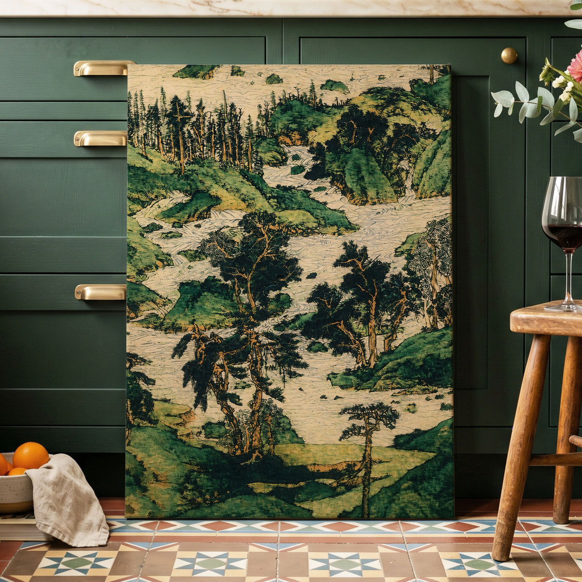 Where the River Wanders, green, beige, black nature wall art displayed in a styled interior, gallery view 7