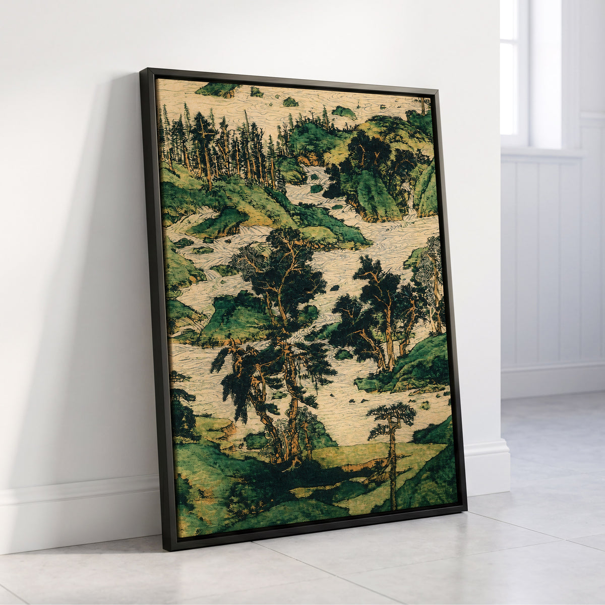 Where the River Wanders, green, beige, black nature wall art displayed in a styled interior, gallery view 8