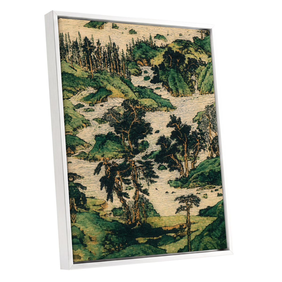 Where the River Wanders, green, beige, black nature wall art shown as a white framed canvas wall art