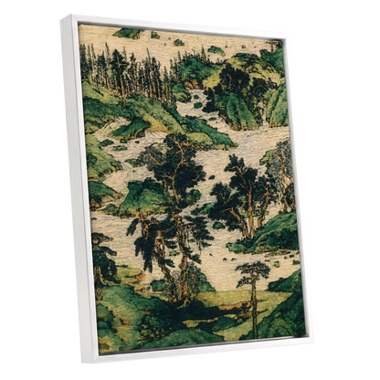 Where the River Wanders, green, beige, black nature wall art shown as a white framed canvas wall art