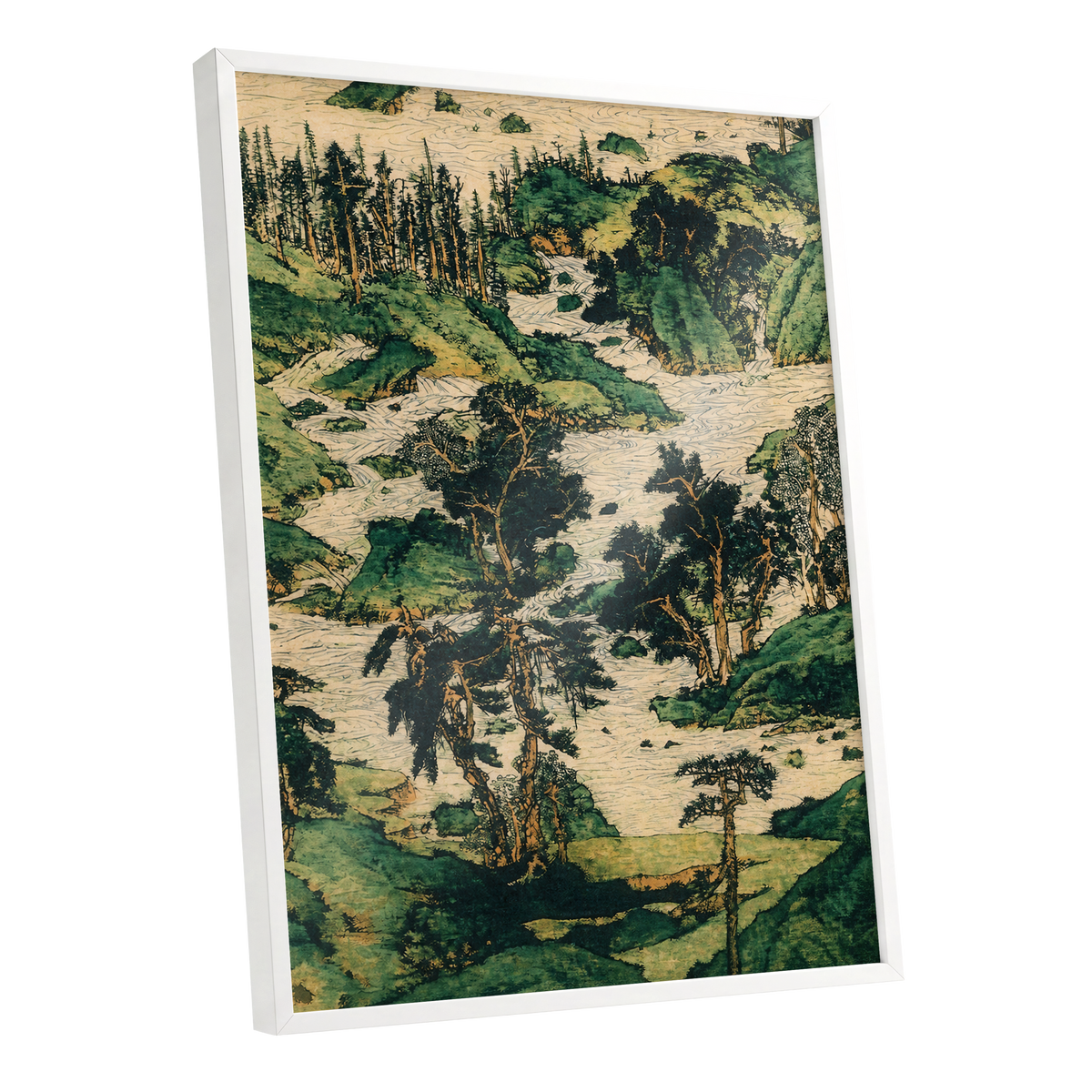 Where the River Wanders, green, beige, black nature wall art shown as a white framed poster wall art print