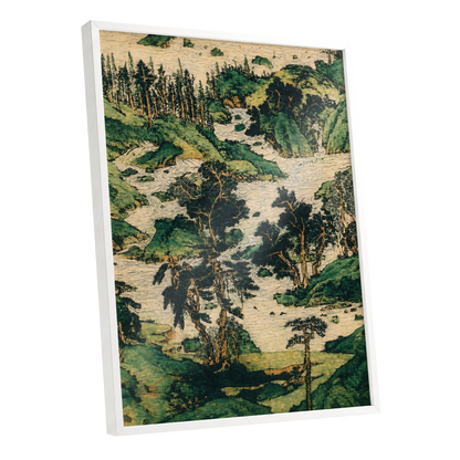 Where the River Wanders, green, beige, black nature wall art shown as a white framed poster wall art print